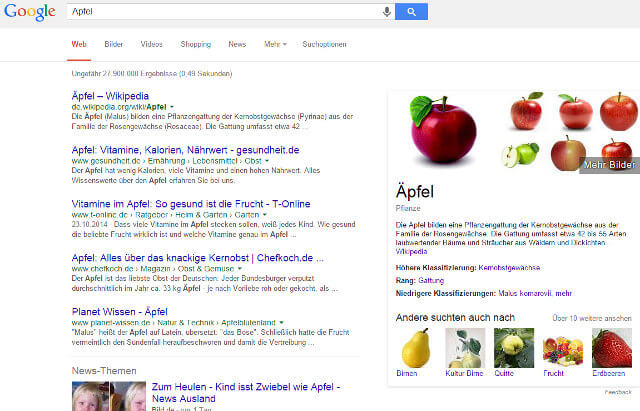 Suche nach Apfel mit Knowledge Graph Box Suche nach Apfel mit Knowledge Graph Box